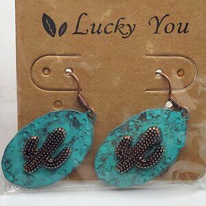 Southwestern Cactus on Blue Patina Brushed Oval Earring New in Package Lucky You